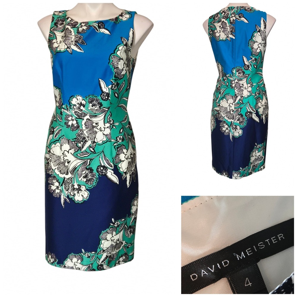 David Meister Floral Sheath Dress Blue Turquoise Navy Cotton Blend Size 4